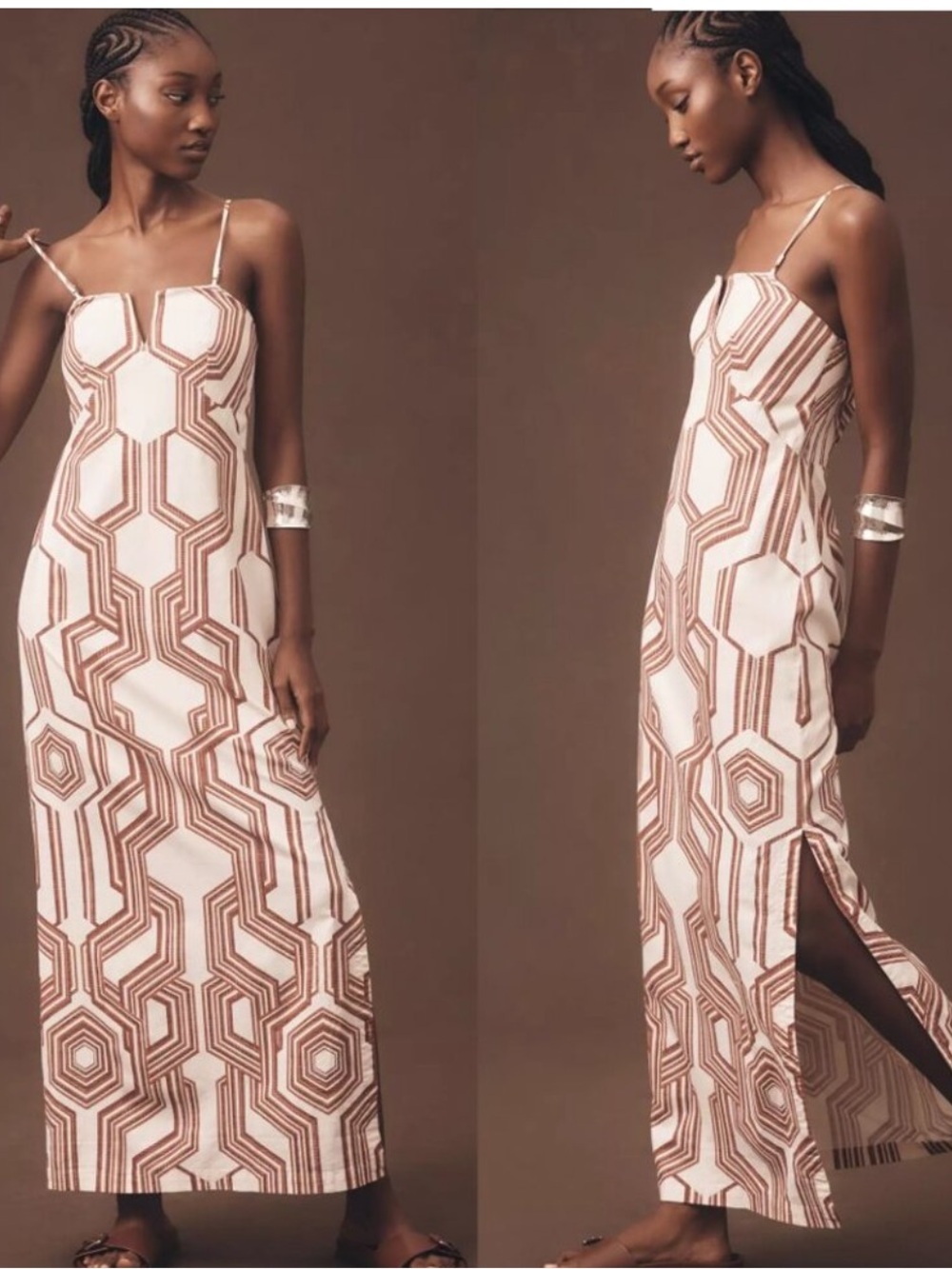 Anthropologie Brown and White Geometric Spaghetti-Strap Maxi Dress